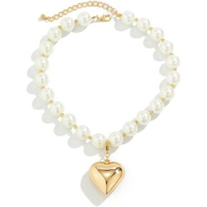 Big Heart Necklace Chunky Puffy Heart Necklace Gold Silver Plated Bead Beaded Necklace for Women Men Jewelry Gift