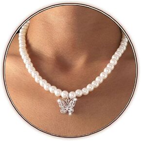 Pearl Choker Necklace Butterfly Pendent Necklaces Chain Rhinestone Neck Jewelrys Adjustable for Women and Girls
