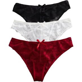 SHENHE Women's 3 Packs Floral Lace Mid Rise Bow Front Panties Romantic Underwear Briefs
