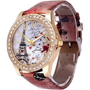 CdyBox Wholesale PU Leather Strap Watch Mother Day Gift Bling Rhinestone Accented Eiffel Tower Ladies Women Watches