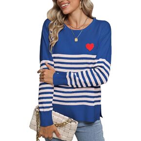 Womens Stripes Sweaters Long Sleeve Crew Neck Pullovers Casual Cute Heart Knitted Sweater