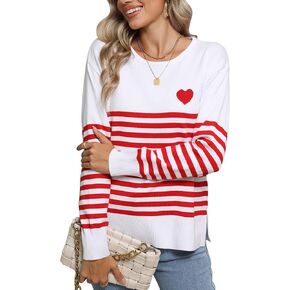 Womens Stripes Sweaters Long Sleeve Crew Neck Pullovers Casual Cute Heart Knitted Sweater
