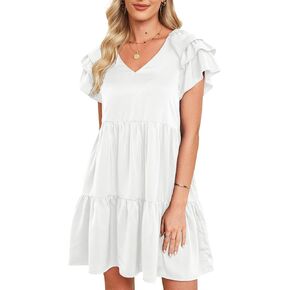 YIJIU Womens Summer Casual Ruffle Short Sleeve V Neck Dress Solid Flowy Tiered A-Line Mini Babydoll Dresses with Pockets