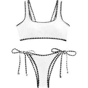 WDIRARA Women's 2 Piece Geometric Whip Stitch Tie Side Swimwear Set Contrast Binding Textured Bikini Sets Bathing Suit