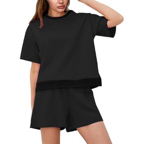 Womens 2 Piece Outfits Crew Neck Short Sleeves Pullover Tops Baggy Wide Leg Shorts Lounge Sets