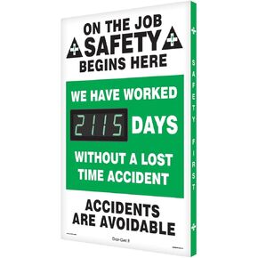 Accuform SCK115 Aluminum Digi-Day Electronic Scoreboard, "ON THE JOB SAFETY BEGINS HERE - WE HAVE WORKED #### DAYS WITHOUT A LOST TIME ACCIDENT - ACCIDENTS ARE AVOIDABLE"