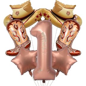 7Pcs Western Party Balloons, Cowboy Boot Balloon Cowboy Hat Foil Balloons, Western Cowboy 1st Birthday Party Decorations Supplies (1st)