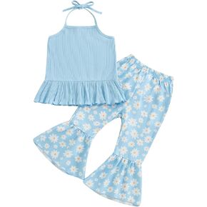 Toddler Baby Girl Clothes Summer Outfit Ruffle Sleeveless Ribbed Halter Tank Top Floral Print Flare Pants Set