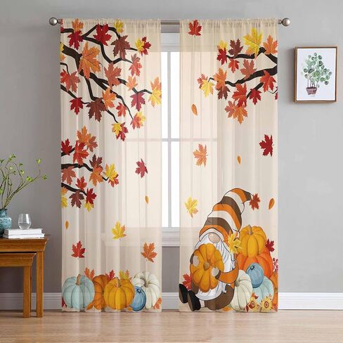 Fall Gnomes Sheer Curtains 84 Inch Length 2 Panels Set, Thanksgiving Maple Leaves Semi Sheer Curtain for Living Room, Rustic Blue Orange Pumpkins Voile Window Curtains Sheer Drapes for Bedroom in Saudi Arabia