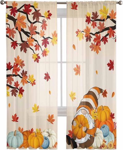 Fall Gnomes Sheer Curtains 84 Inch Length 2 Panels Set, Thanksgiving Maple Leaves Semi Sheer Curtain for Living Room, Rustic Blue Orange Pumpkins Voile Window Curtains Sheer Drapes for Bedroom in Saudi Arabia