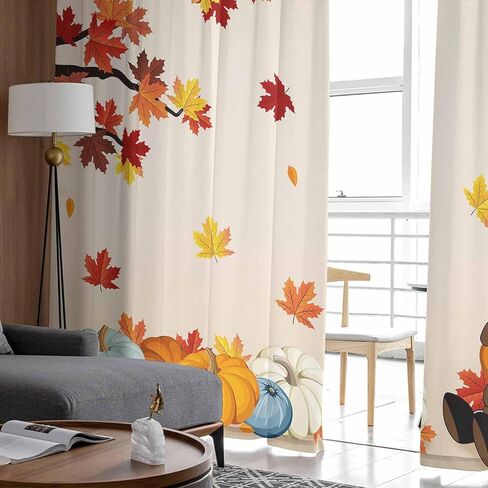 Fall Gnomes Sheer Curtains 84 Inch Length 2 Panels Set, Thanksgiving Maple Leaves Semi Sheer Curtain for Living Room, Rustic Blue Orange Pumpkins Voile Window Curtains Sheer Drapes for Bedroom in Saudi Arabia