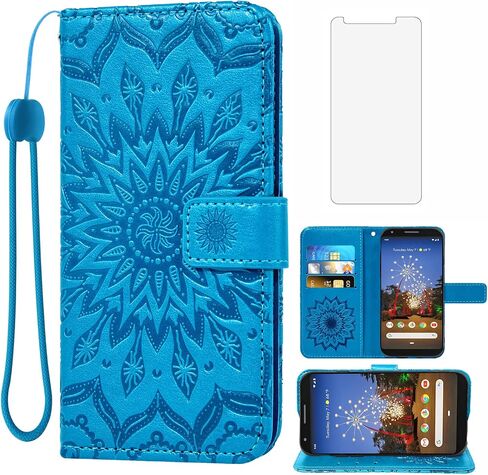 Phone Case for Google Pixel 3a Pixle 3 Lite Wallet Cases with Tempered Glass Screen Protector and Leather Magnetic Flip Cover Card Holder Stand Kickstand Cell Accessories Pixel3a a3 Women Men Blue in Saudi Arabia