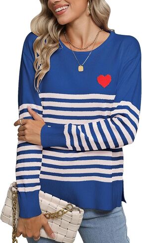 سترات نسائية مخططة بأكمام طويلة ورقبة دائرية بلوفر كاجوال لطيف على شكل قلب محبوك in Kuwait