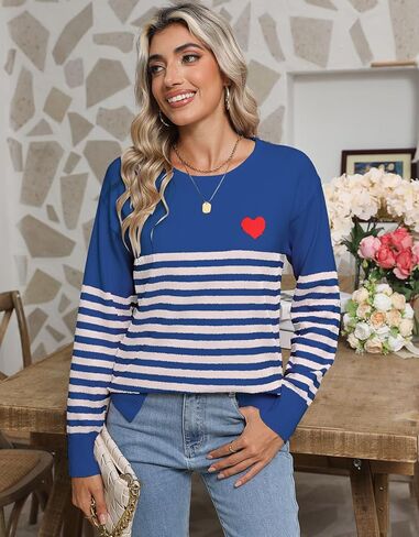 سترات نسائية مخططة بأكمام طويلة ورقبة دائرية بلوفر كاجوال لطيف على شكل قلب محبوك in Kuwait