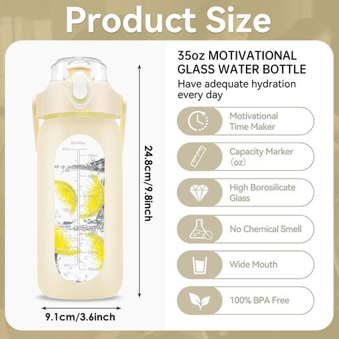 32 oz Glass Water Bottle with Time Marker - 1000ml Large Sports Motivational Water Bottles with Handle & Silicone Case, 1 Liter Leak-proof Measured Drinking Bottle for Gym Fitness Workout (Black) in Saudi Arabia
