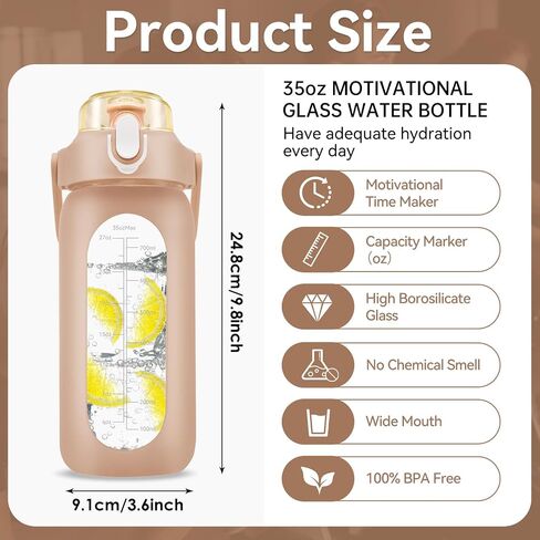 32 oz Glass Water Bottle with Time Marker - 1000ml Large Sports Motivational Water Bottles with Handle & Silicone Case, 1 Liter Leak-proof Measured Drinking Bottle for Gym Fitness Workout (Black) in Saudi Arabia