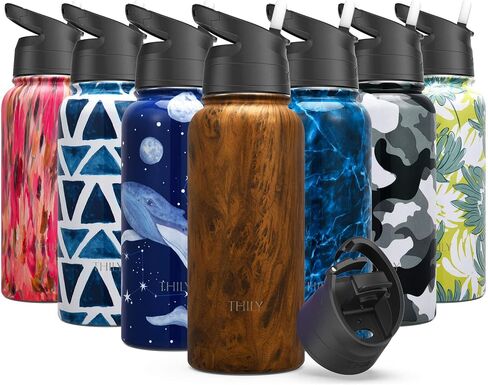 Vacuum Insulated Sports Water Bottle - THILY 32 oz Stainless Steel Leakproof Wide Mouth Metal Water Flask with Flip Lid and Straw Lid, Reusable, BPA Free, Keep Hot 12 Hours Cold 36 Hours, Abysmal Sea in Saudi Arabia