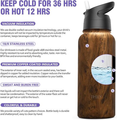 Vacuum Insulated Sports Water Bottle - THILY 32 oz Stainless Steel Leakproof Wide Mouth Metal Water Flask with Flip Lid and Straw Lid, Reusable, BPA Free, Keep Hot 12 Hours Cold 36 Hours, Abysmal Sea in Saudi Arabia