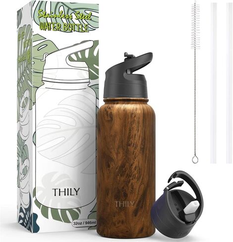 Vacuum Insulated Sports Water Bottle - THILY 32 oz Stainless Steel Leakproof Wide Mouth Metal Water Flask with Flip Lid and Straw Lid, Reusable, BPA Free, Keep Hot 12 Hours Cold 36 Hours, Abysmal Sea in Saudi Arabia