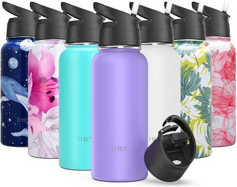Vacuum Insulated Sports Water Bottle - THILY 32 oz Stainless Steel Leakproof Wide Mouth Metal Water Flask with Flip Lid and Straw Lid, Reusable, BPA Free, Keep Hot 12 Hours Cold 36 Hours, Abysmal Sea in Saudi Arabia