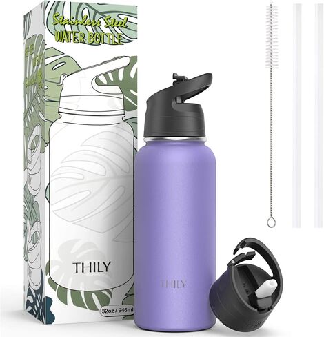 Vacuum Insulated Sports Water Bottle - THILY 32 oz Stainless Steel Leakproof Wide Mouth Metal Water Flask with Flip Lid and Straw Lid, Reusable, BPA Free, Keep Hot 12 Hours Cold 36 Hours, Abysmal Sea in Saudi Arabia