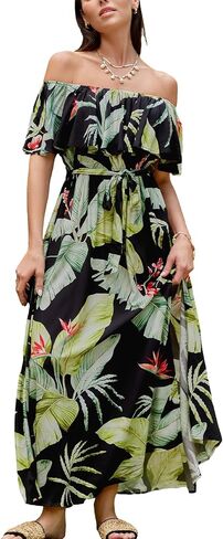 CUPSHE Women's Off Shoulder Flounce Short Sleeves Maxi Dress Self Tie Sash Belt Side Slit Summer Dresses in Saudi Arabia