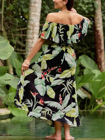 CUPSHE Women's Off Shoulder Flounce Short Sleeves Maxi Dress Self Tie Sash Belt Side Slit Summer Dresses in Saudi Arabia
