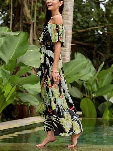CUPSHE Women's Off Shoulder Flounce Short Sleeves Maxi Dress Self Tie Sash Belt Side Slit Summer Dresses in Saudi Arabia