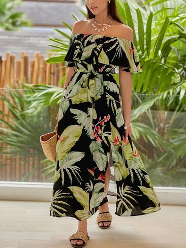 CUPSHE Women's Off Shoulder Flounce Short Sleeves Maxi Dress Self Tie Sash Belt Side Slit Summer Dresses in Saudi Arabia