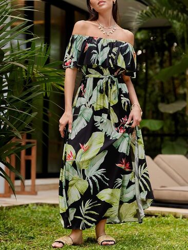 CUPSHE Women's Off Shoulder Flounce Short Sleeves Maxi Dress Self Tie Sash Belt Side Slit Summer Dresses in Saudi Arabia