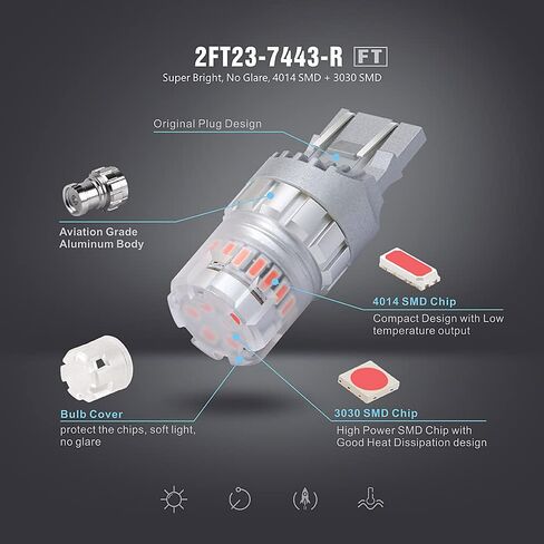 SIR IUS LED - FT- Series LED Turn Signal Brake Tail Light Bulb Super Bright High Power Dual Filament function Air Vent Design 3030+4014 SMD Pack of 2 (Amber/Orange, 7443) in Saudi Arabia