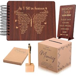 Wooden Funeral Guest Book Set for Memorial Service Celebration of Life Party Decorations in Loving Memory Guest Register Book with Pen& Stand, Included Table Sign,Share a Memory Cards and Box-Tree