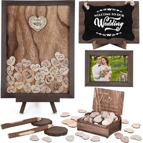 durony Wedding Guest Book Set Drop Top Frame Sign Book with 122 Pieces Wooden Hearts Wooden Picture Frame Rustic Wedding Decorations for Reception Wedding Gift, Log Brown