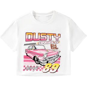 OYOANGLE Women's Car Letter Graphic Short Sleeve Round Neck Casual Crop Top Tee Shirt