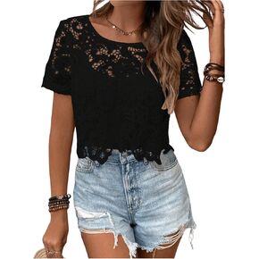 MakeMeChic Women's Floral Guipure Lace Sheer See Through Short Sleeve Round Neck Crop Top Tee Shirts