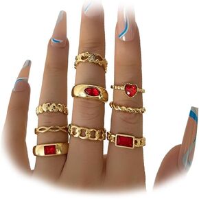 Red Zircon Stackable Knuckle Rings Sets for Women,9Pcs Cute Hollow Crystal Heart Shaped Twist Chain Finger Midi Rings Jewelry Accessories