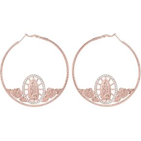 GOLD PLATED TRI COLOR VIRGIN MARY FLOWER HOOP EARRINGS VIRGEN GUADALUPE ARETES ARRACADAS Tri-Color Virgin Mary Flower Hoop Earrings - Gold Plated Gold Plated