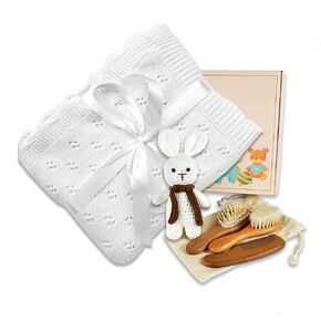 Baby Toddler Set in Gift Box, Baby Shower and Newborn Gift Set, Cotton Blanket, Wooden Baby Hair Brush Set, Soft Crochet Bunny, Baby Gift Box (Blue)