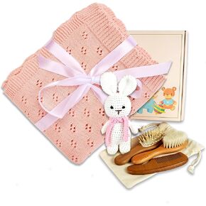 Baby Toddler Set in Gift Box, Baby Shower and Newborn Gift Set, Cotton Blanket, Wooden Baby Hair Brush Set, Soft Crochet Bunny, Baby Gift Box (Blue) in Saudi Arabia