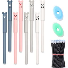 Erasable Gel Ink Pens 0.35mm Rollerball Pens, 8 Refillable Pens, Cute Cartoon Animal Erasable Ballpoint Pen with Blue/Black Refills and 2 Erasers for Writing, Sketching, School Office Supplies