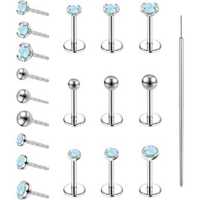 19pcs Threadless Push in Nose Rings Studs,20/18G 316L Surgical Stainless Steel Lip Rings Studs Labret Jewelry Cartilage Tragus Helix Earrings Studs Monroe Medusa Piercing Jewelry for Women Men