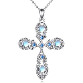 LUHE Moonstone Cross Necklace for Women 925 Sterling Silver Filigree Irish Celtic Necklace Bohemian Jewelry Gifts for Men