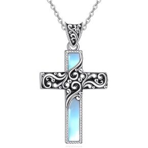 LUHE Moonstone Cross Necklace for Women 925 Sterling Silver Filigree Irish Celtic Necklace Bohemian Jewelry Gifts for Men