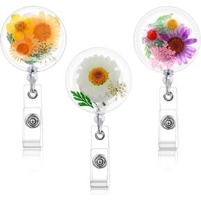TIESOME 3 Pcs Dried Flower Retractable Badge Reel, Resin ID Card Badge Holder Reels Cute Badge Clip Floral ID Name Card Holders Aesthetics Lanyards Accessories for Nurse Doctor Teacher(A)