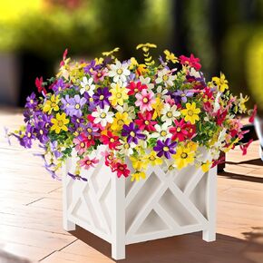 Artificial Fake Plants Flowers for Outdoor Spring Summer Deco，12 Bundles of Colorful Faux Daisy and Eucalyptus, UV Resistant Artificial Planter Porch Patio Window Deco(Orange Lotus)
