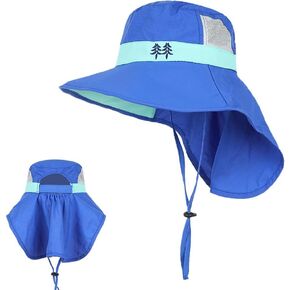 Kids Fishing Sun Hat with Neck Flap, Wide Brim Bucket Hiking Safari Breathable UPF50+ Outdoor Cap with Ponytail Hole