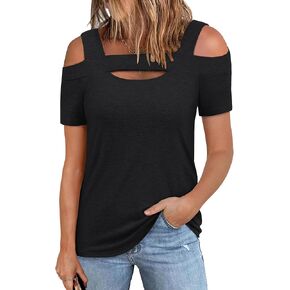ZXZY Women Cold Shoulder Tops Summer Soft Cute Short Sleeve Cut Out Square Neck Blouse T-Shirts
