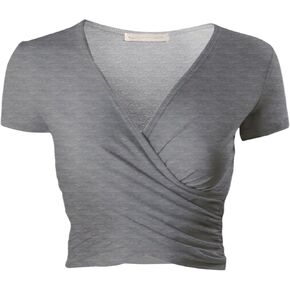Women's Crop Top Cross Wrap Long/Short Sleeve Deep V Neck Slim Fit