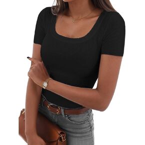 Ribbed Short Sleeve Shirts for Women, Casual Scoop Neck Tshirt Women Fitted Rib Knit Tops Slim Basic Tees Outfits