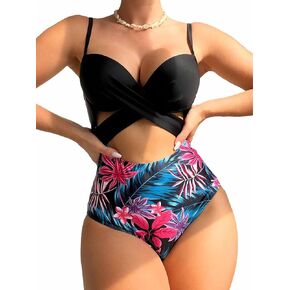 Tgirls Women's One Piece Swimsuit Sexy High Cut Bathing Suit Tummy High Waist Print Swimwear Halter Cross Front Cutout Bikini